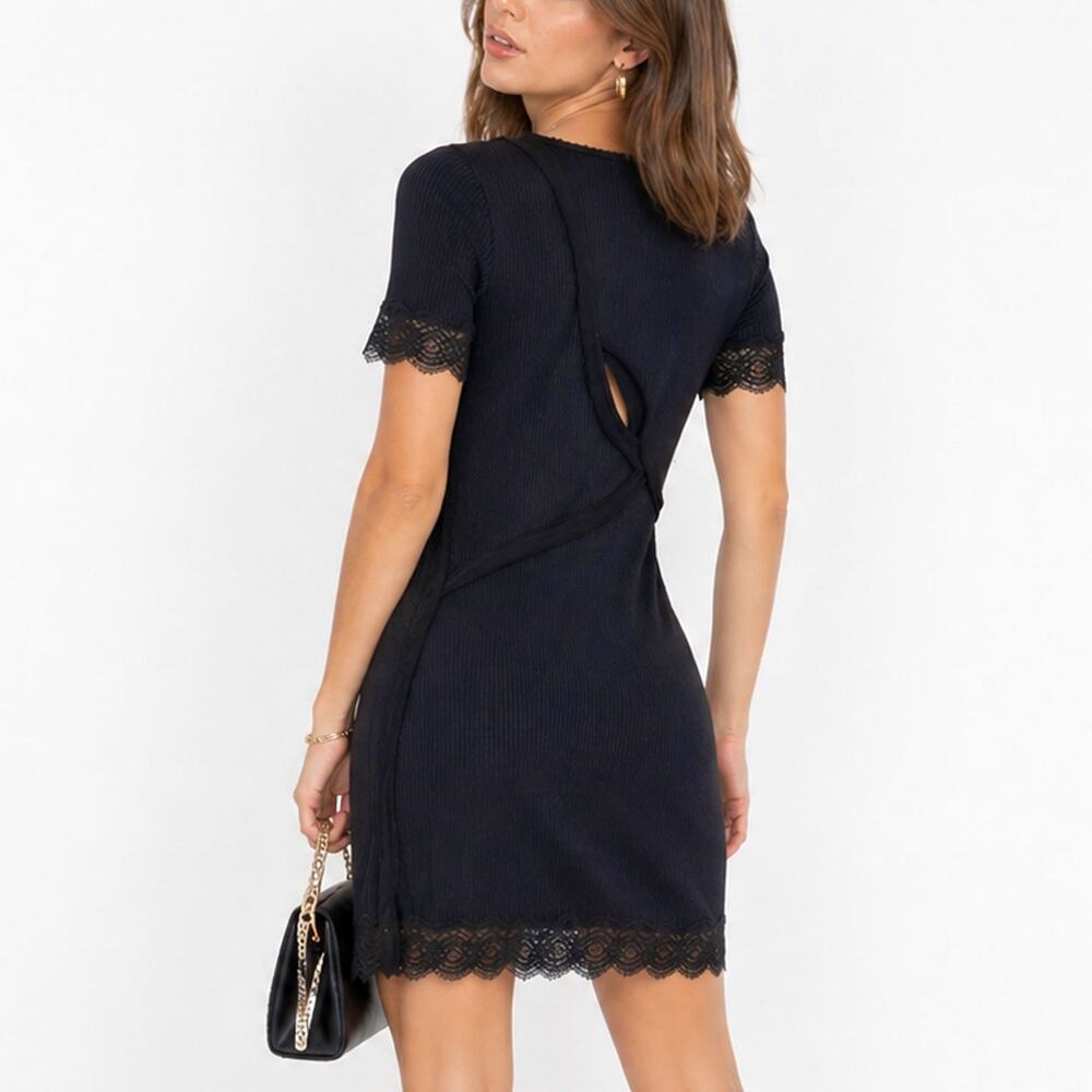 3.1 Phillip Lim Navy Blue Knit Dress Short Sleeve Lace Cut-out Back Small